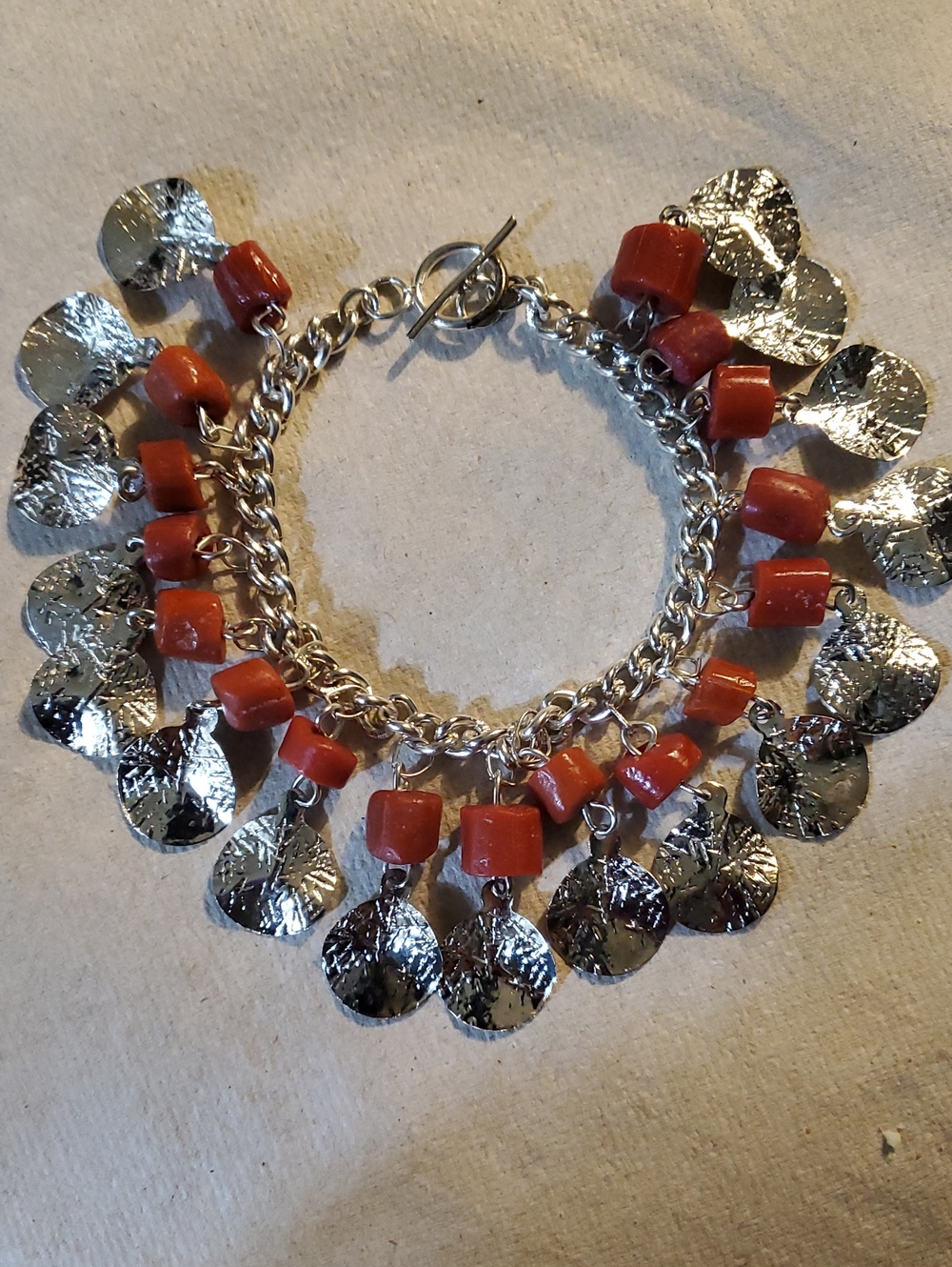 Sterling Silver Charm Bracelet with Red Coral Beads